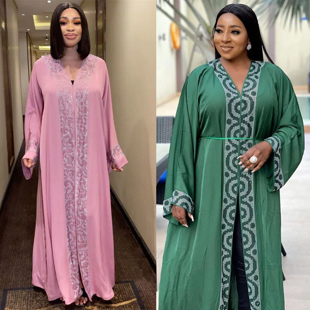 African Dresses for Muslim Women Abaya Dashiki Diamonds Elegant Boubou Robe Belted Morocco Kaftan Traditional Femme Dubai Caftan