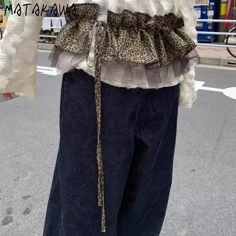 

Matakawa Y2k Leopard Women Skirts Ruffles Lace Up Streetwear Vintage Mesh Faldas Mujer Korean Fashion Spring Autumn Mini Skirt