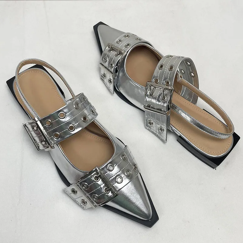 Footwear Silver Women Flats With Shoes Shallow Slingbacks Buckle Fashion Pointed Toe Ladies Flats Sandals Shoes Big size