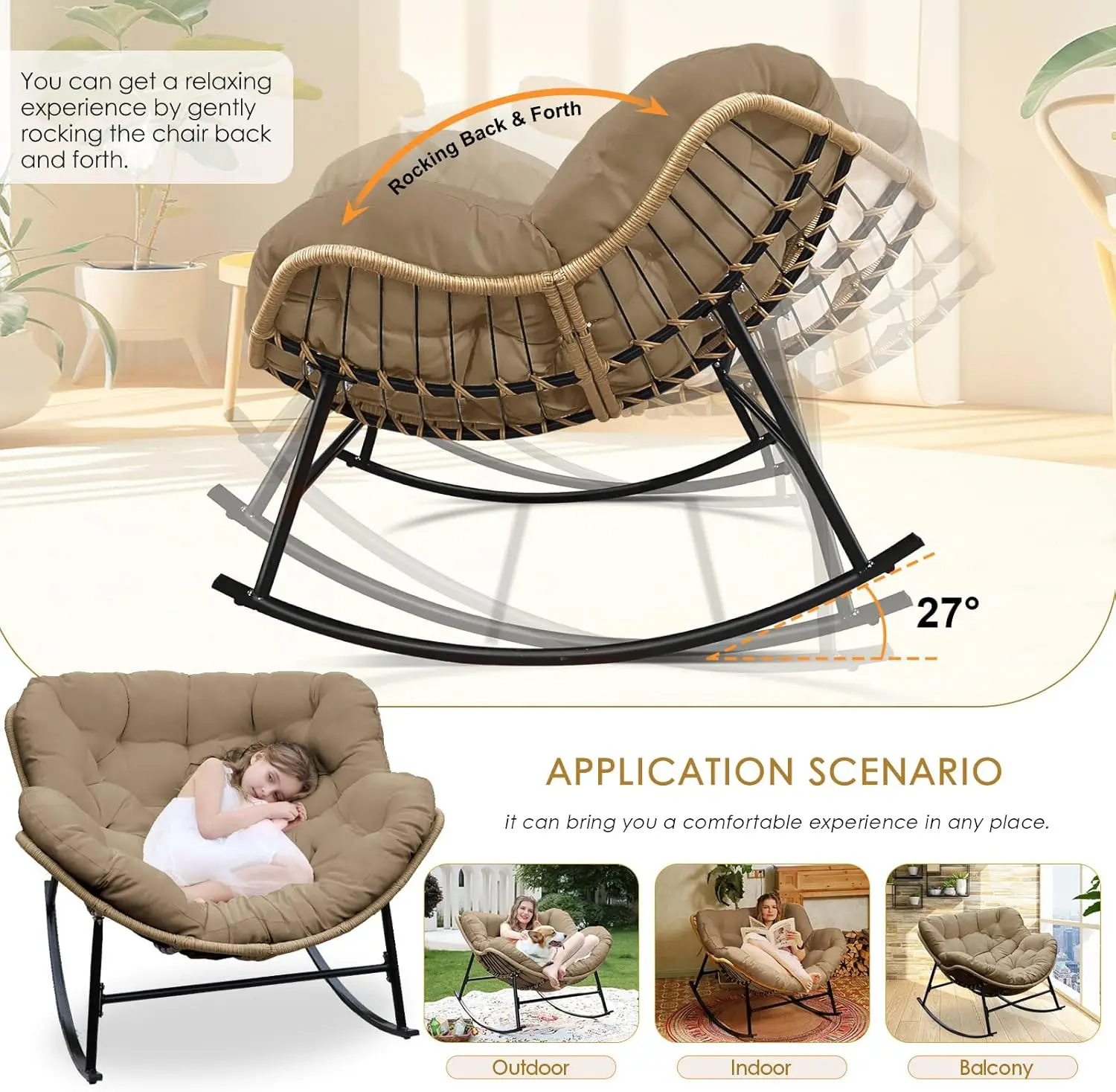 Indoor Outdoor Rocking Chair with Cushion, Oversized Patio Papasan Rocking Chair, All Weather Wicker Egg Royal Rocking Chair