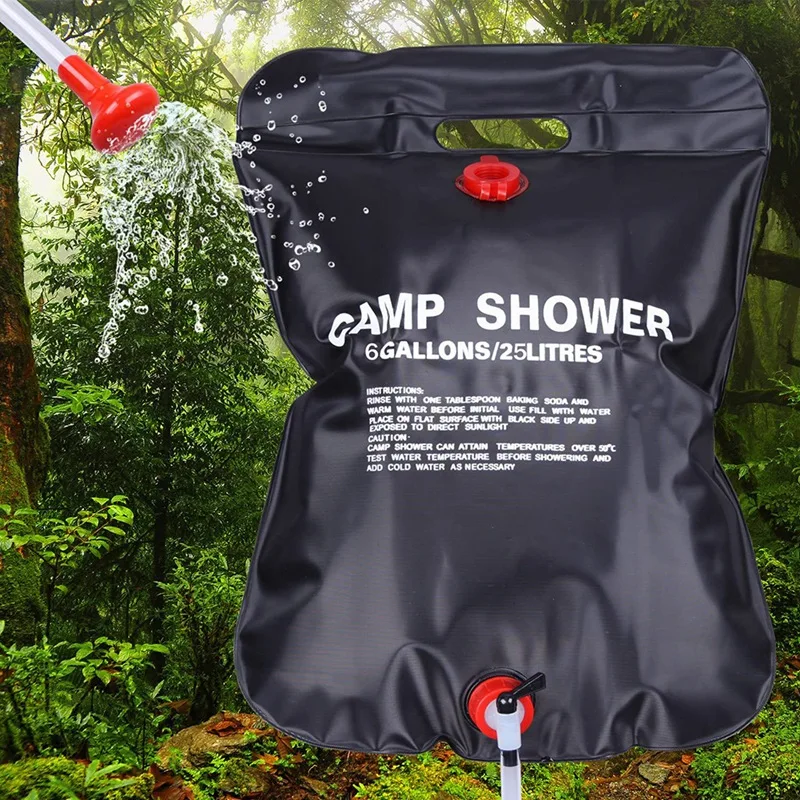 25L Camp Shower Bag Solar Energy Heated Portable Folding Outdoor Bath Bag Travel Hiking Climbing PVC Water Bag Black