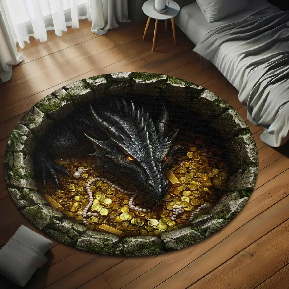 One Fantasy Dragon Hoard Runder Teppich, rutschfest, maschinenwaschbar, für Wohnzimmer, Büro, Eingangsbereich, Balkon, Teppiche für Zuhause, Wohnzimmer