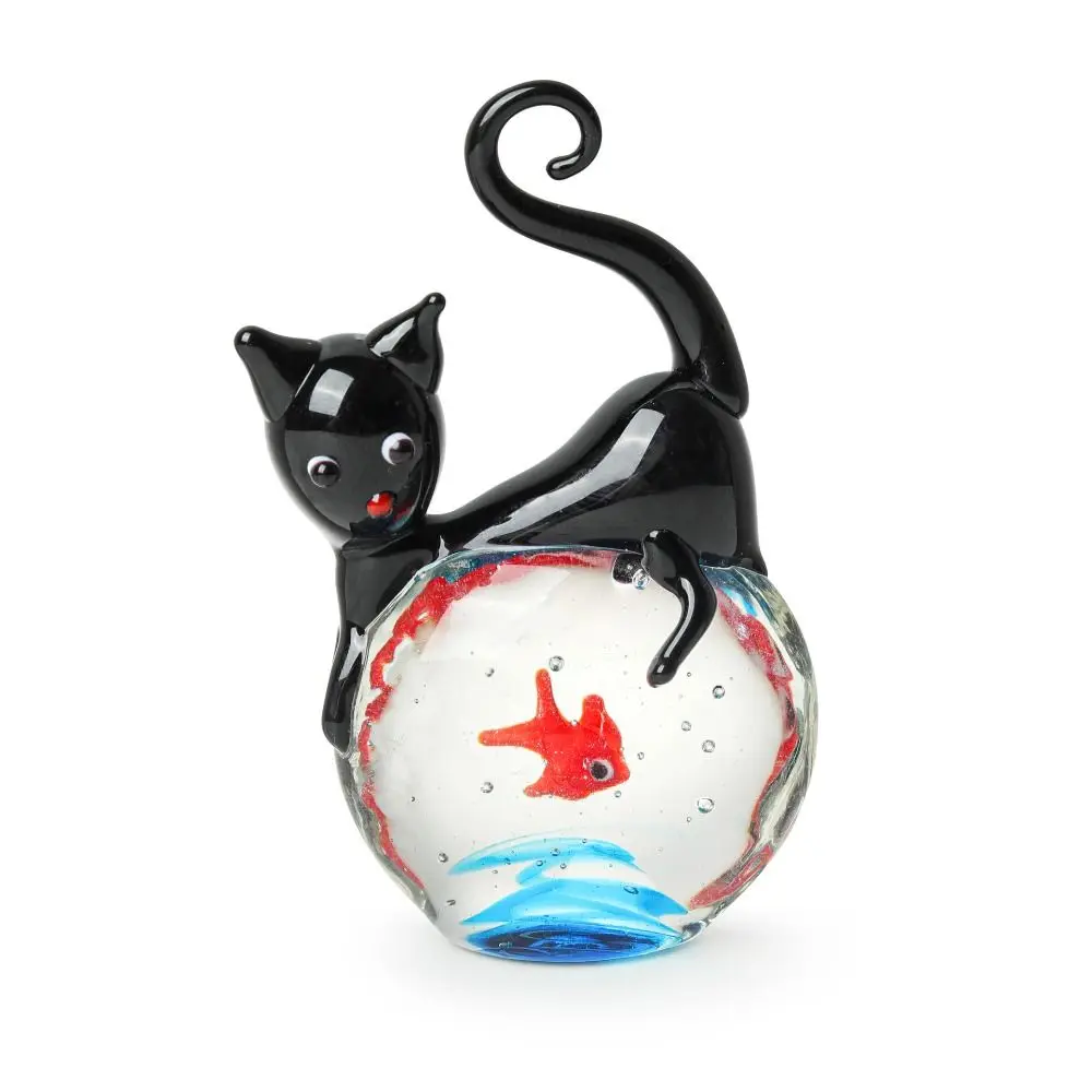 3-7cm Glass Black Cat Mini Ornament Glazed Baubles Cat Pocket Fish Glass Craft Delicate Home Decor Living Room Tabletop Ornament