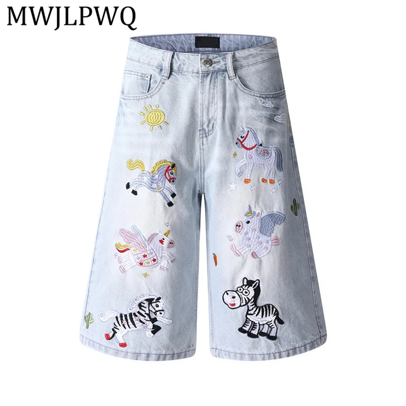 

MWJLPWQ Embroidery Light Washed Denim Shorts Men's Loose Fit Wide-Leg Summer Casual Mid-Length Pants 2026 Trendy New 16038