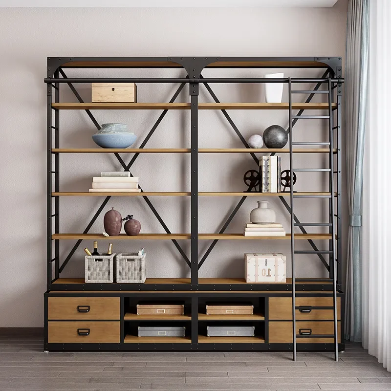 Industrial Wrought Iron Bookshelf Floor to Ceiling Solid Wood Storage Rack Full Wall Living Room Bookcase Heavy Duty Metal