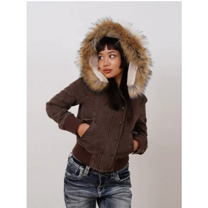 

Винтажные женские укороченные пальто с капюшоном, однобортная куртка с меховым воротником и длинными рукавами, осень 2022, женская теплая верхняя одежда Y2K, новинка