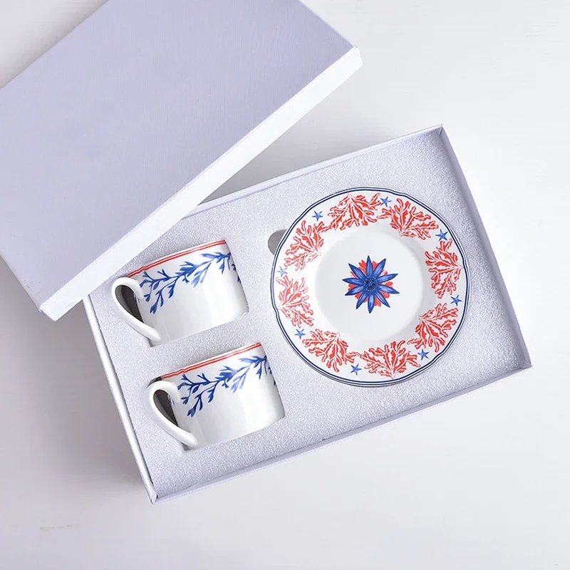 2 Sets Elegant Bone China Coffee Tea Sets Geometric Pattern Cups