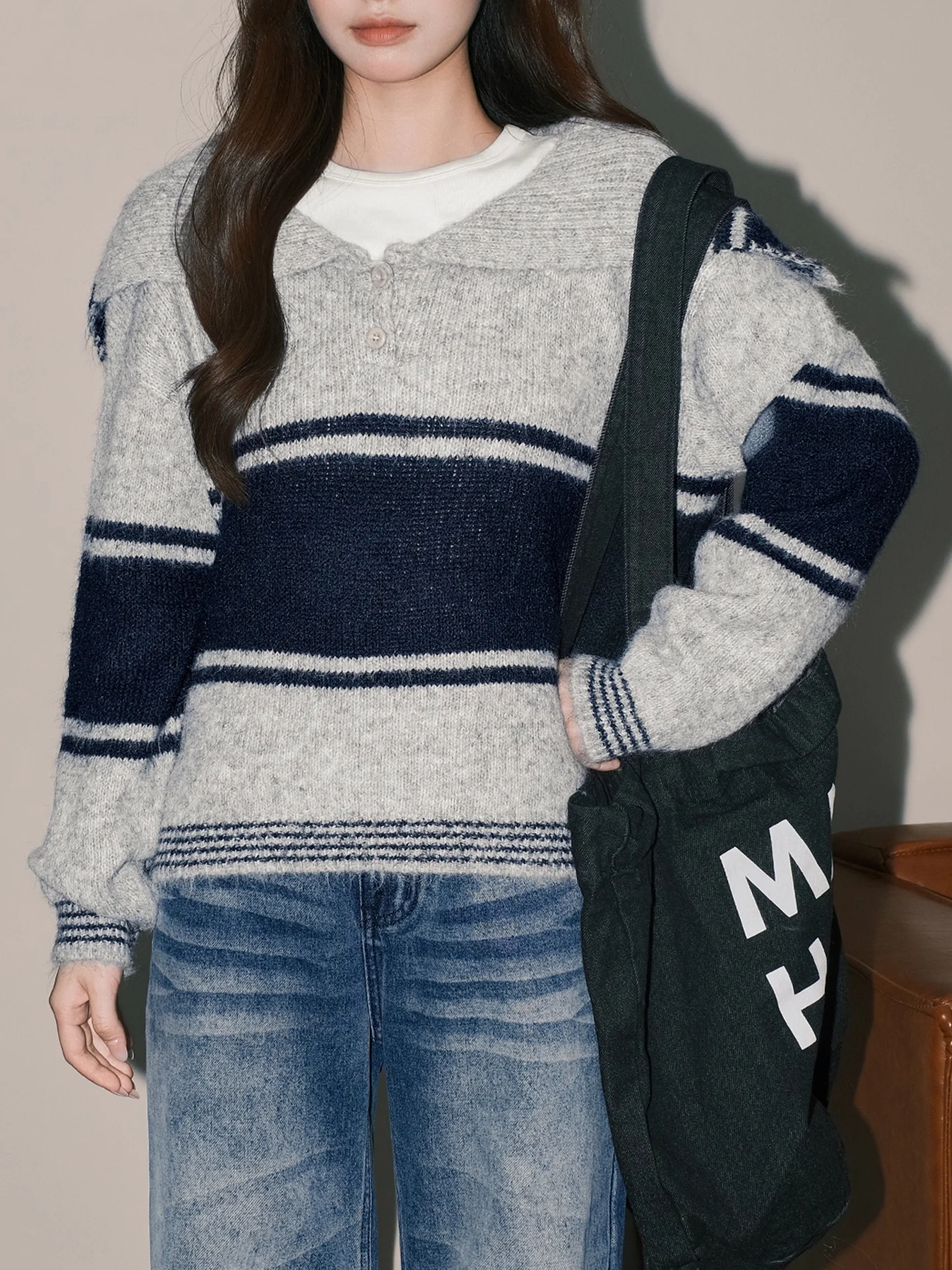 Loose Fit Lange Sve Gebreide Trui Dames Winter Faion Koreaanse Sle ey Streep Marine Kraag Zachte Comfortabele Top