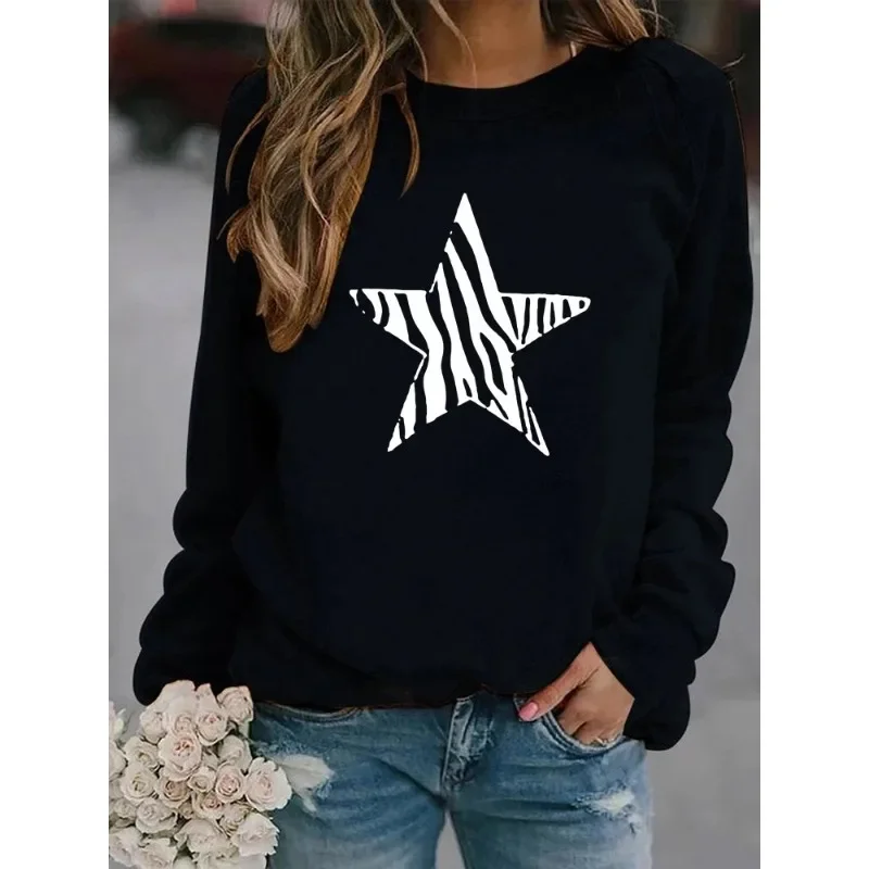 Five-pointed Star Print Long-sleeved Crew-neck Hoodie Woman Streetwear Women  Sweatshirts  Sweatshirt  Clothes