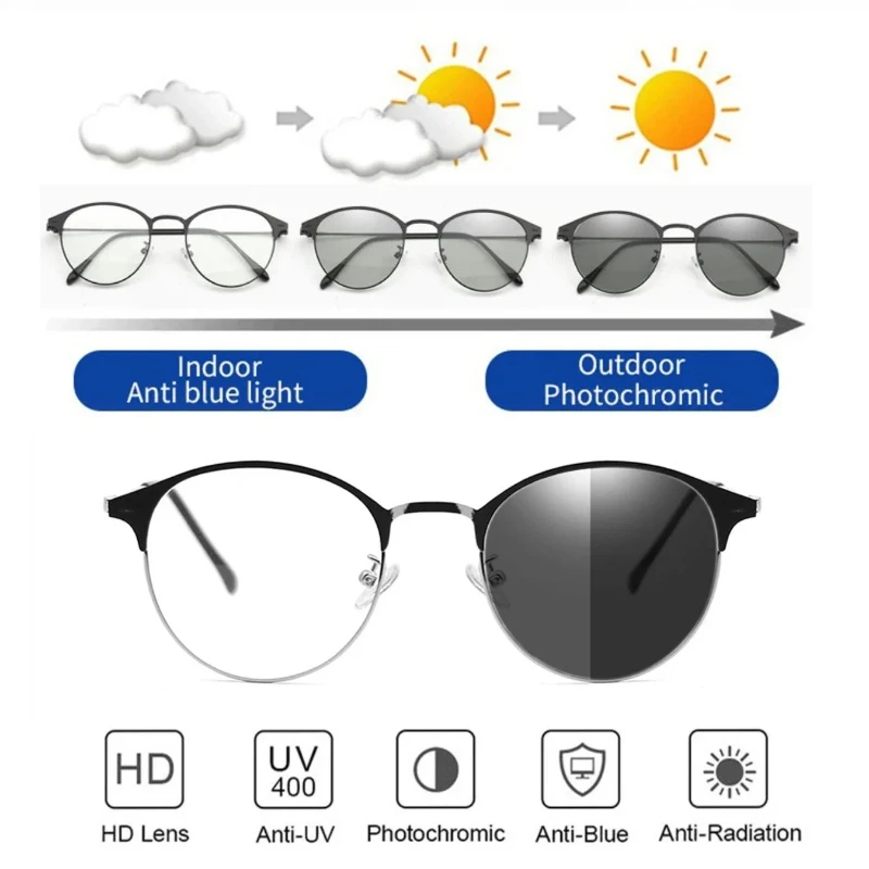 

Fashion Photochromic Optical Sunglasses Anti Blue Light Blocking Eyeglasses for Man Woman Metal Frame Eyewear UV400 Sun Glasses