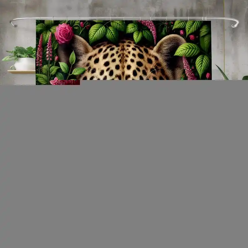 Majestic Leopard Shower Curtain Bath Curtain, Vibrant Animal Bathroom Decor, Floral Waterproof Fabric, Unique Nature Theme