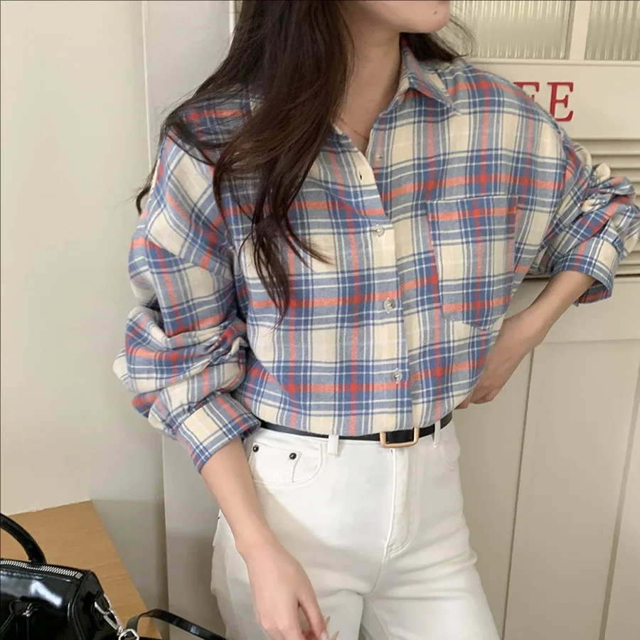 

Women's Loose Long Sleeve Casual Shirt Autumn 2025 New Cotton Plaid Comfortable Fit for All Seasons