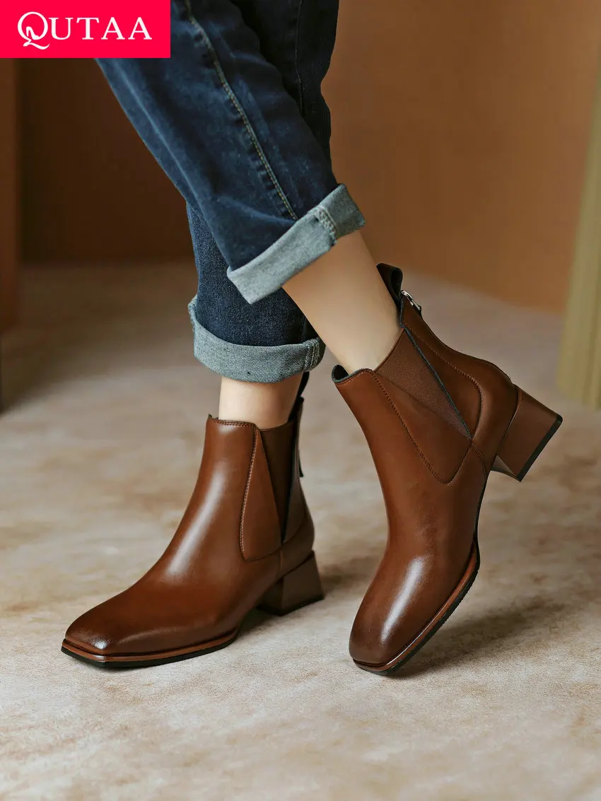 

QUTAA 2023 Women Ankle Boots Square Toe Med Heels Office Ladies Zipper Casual Shoes Woman Autumn Winter Stretch Boots Size 34-39