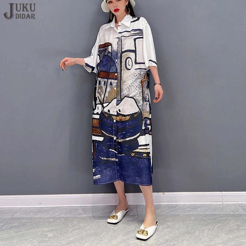 Media manga suelta ajuste marea talla grande mujer nuevo 2023 verano Casual camisa vestido estilo japonés azul negro impreso vestido largo JJXD192