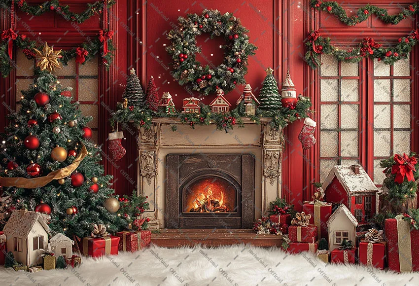 Mehofond التصوير خلفية عيد الميلاد لوحة جدار الموقد الدب شجرة عيد الميلاد الاطفال الأسرة صورة ديكور خلفية استوديو الصور