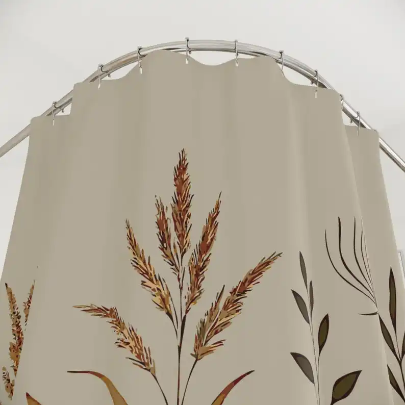 Natural Minimalist Boho Shower Curtain – Earthy Grasses & Wildflowers on Beige, Clean-Lined Airy Composition