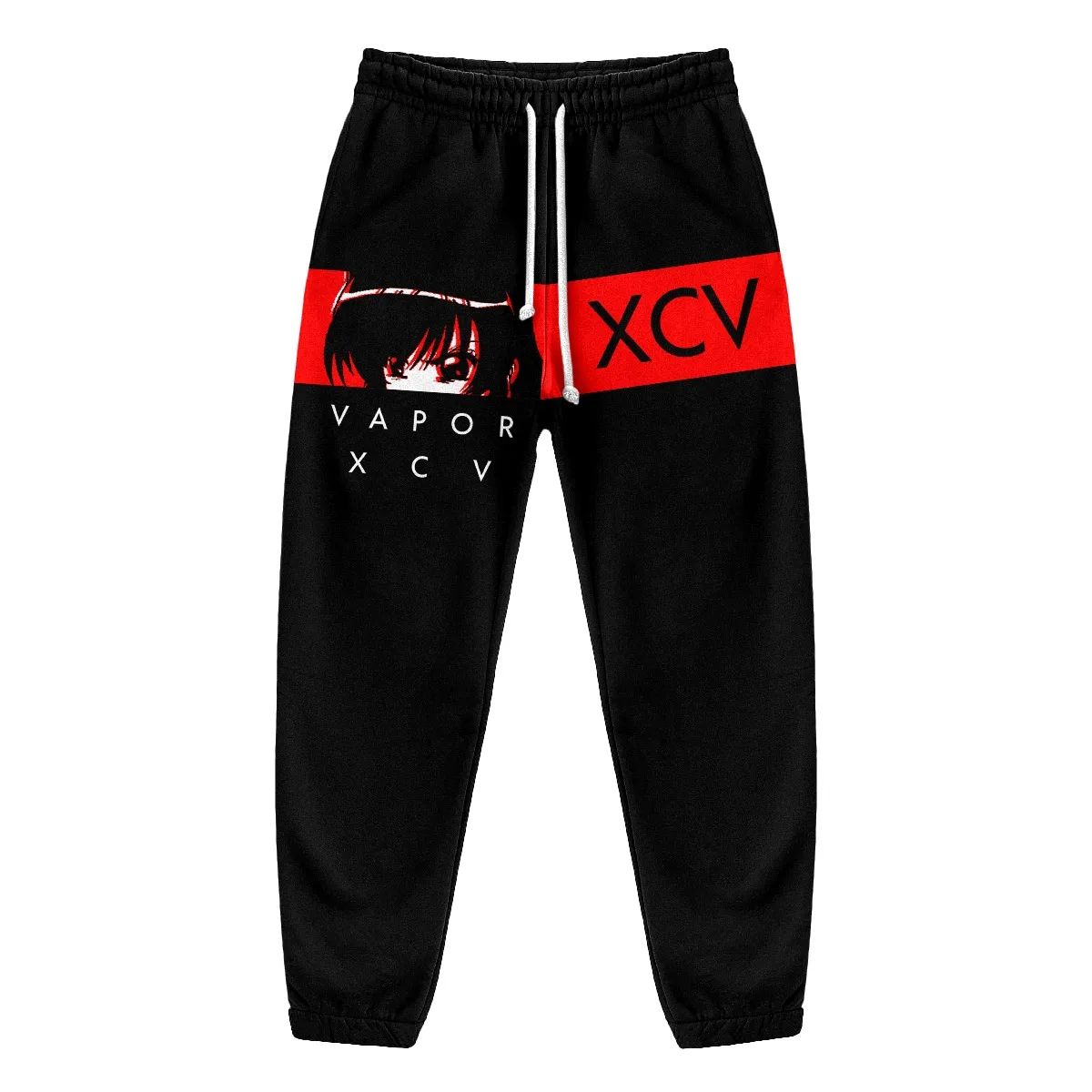 Men's Vaporwave-style Joggers Featuring Cartoon Portrait Print Red-and-black Color-block Streetwear Design with Drawstring Waist