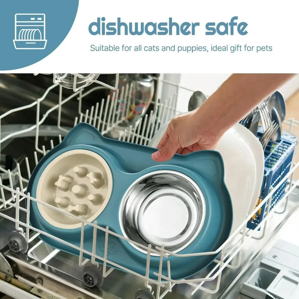 وعاء تغذية الحيوانات الأليفة والقطط وعاء من الفولاذ المقاوم للصدأ قاعدة من السيليكون مضاد للمصارعة وعاء طعام بطيء لمنع تغذية الحيوانات الأليفة