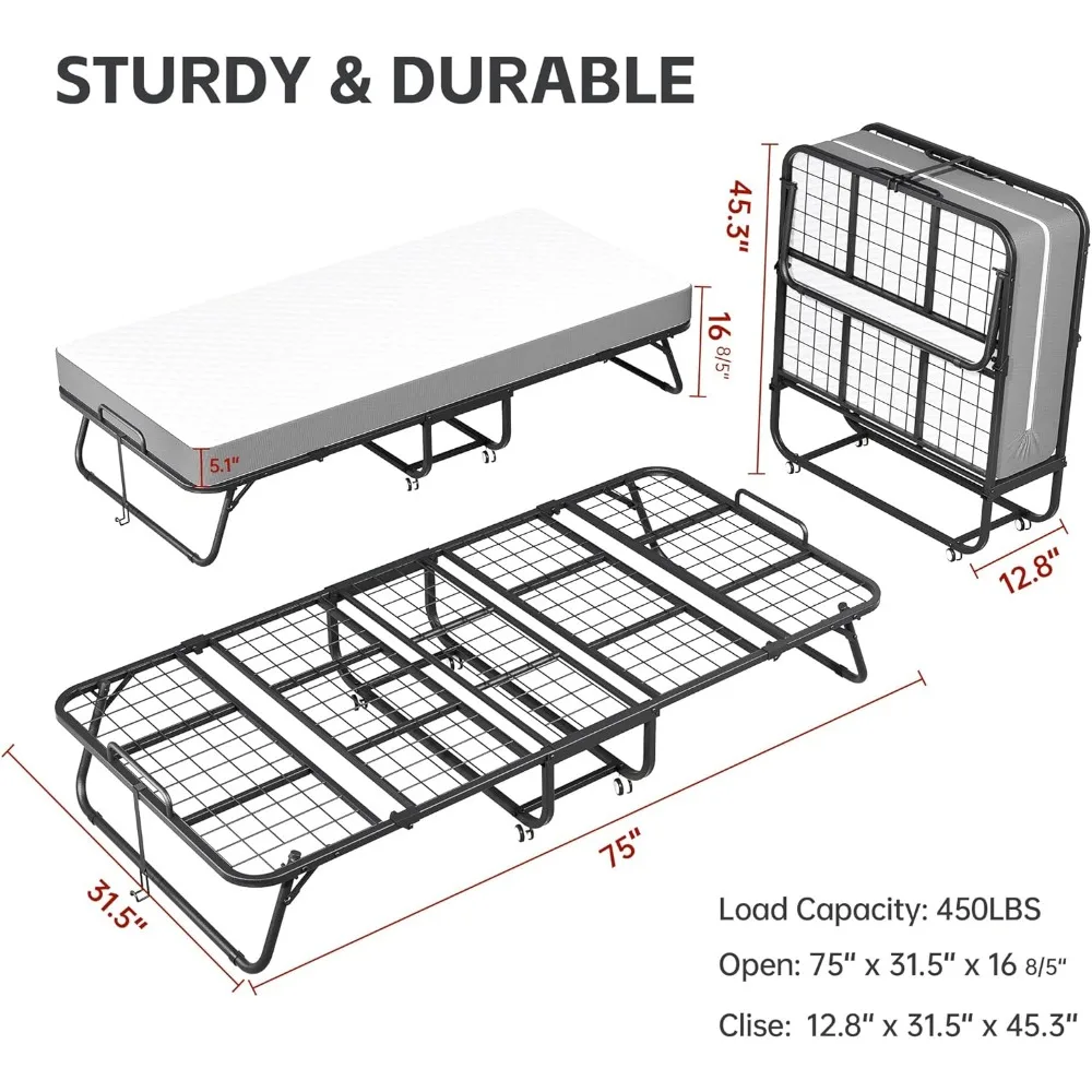 Lit pliant avec matelas, matelas en mousse à mémoire de forme de 75 po x 31 po à 5 po d'épaisseur