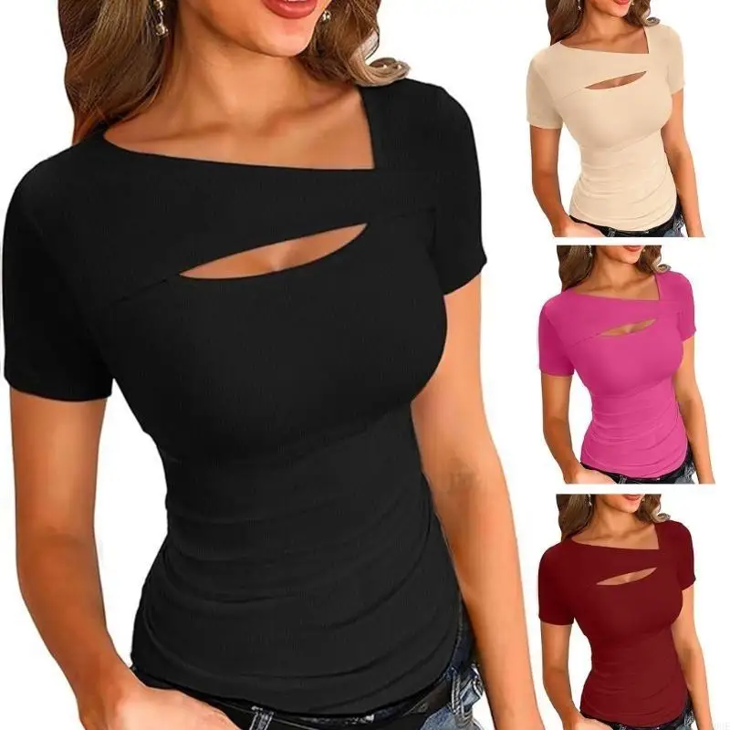 Womens Cut Out Front Short Sleeve Tops Fitting Shirt Casual Trendy Tshirt Summer Clothes Streetwear S-XXL