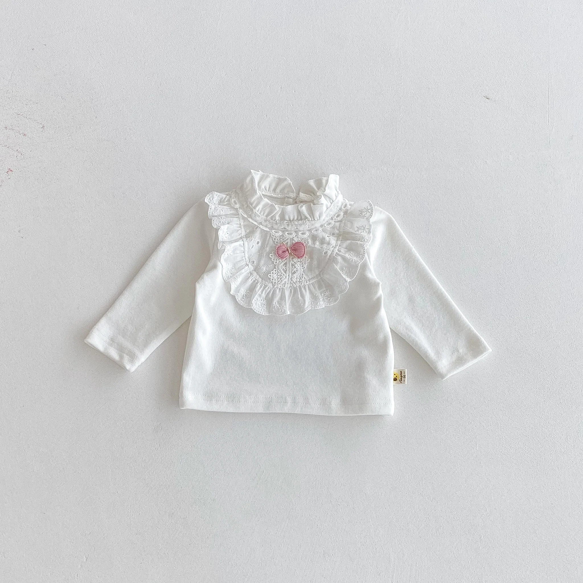 Autumn Baby Girl Casual Long-Sleeved Base Layer, Lace High-Neck Bow Top T-Shirt
