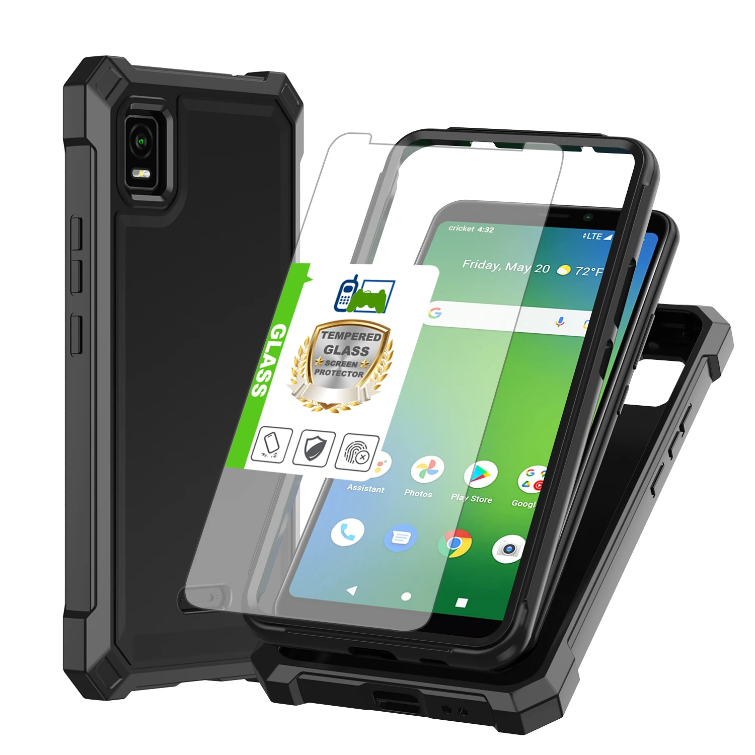 

For AT&T Calypso 3/Cricket Debut Smart Case Full Body Shockproof Impact Rugged Cover Silicone+Tempered Glass Screen Protector