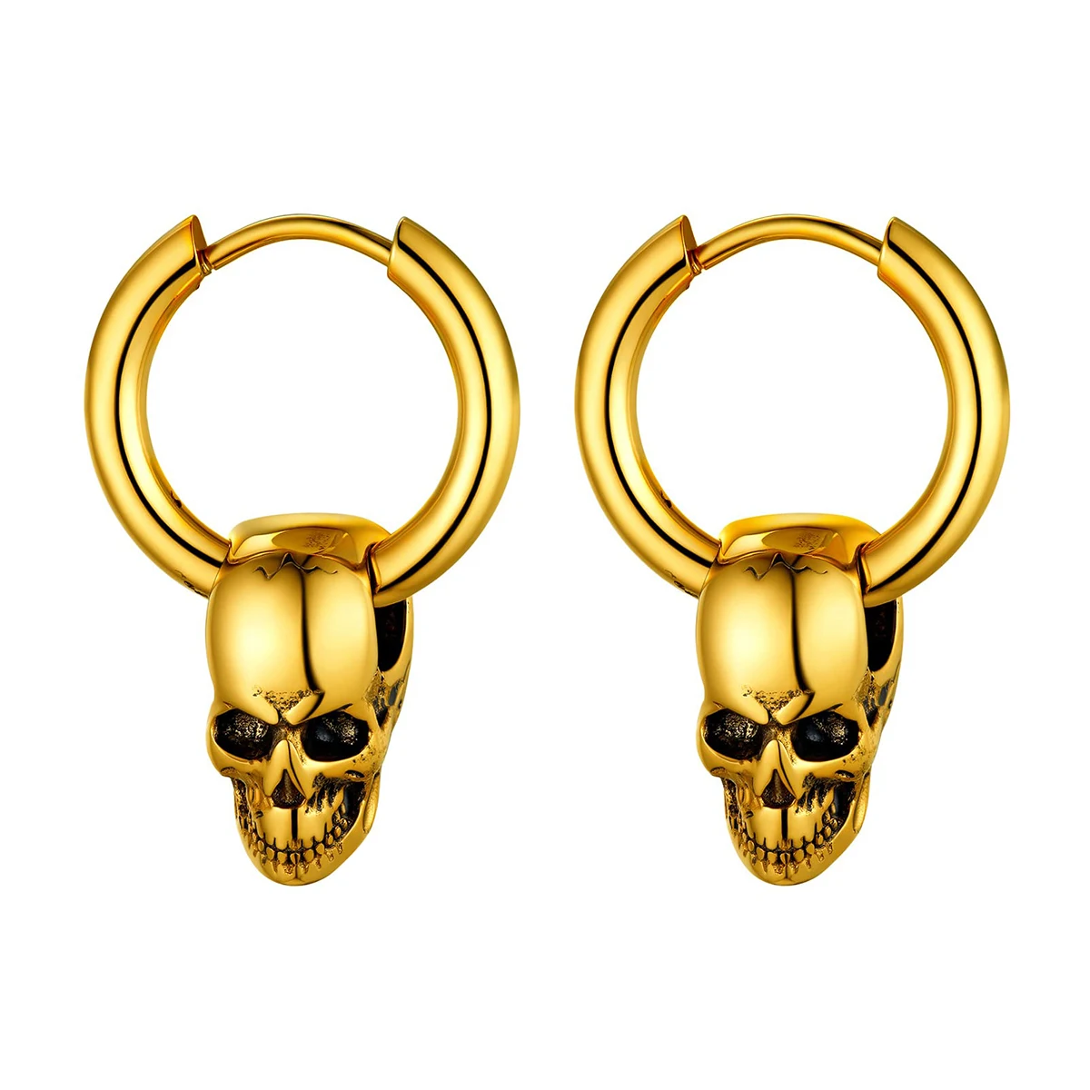 Brincos Gothic Skull para Homens e Mulheres, Aço Inoxidável, Dourado, Legal