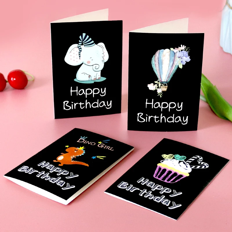 6Sets Happy Birthday Gift Cards Balloon Cartoon Assorted Greeting Card with Envelope and Sticker Birthday Party Invitation Card