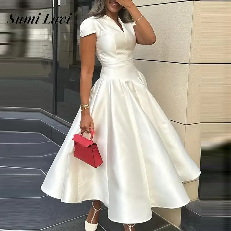 

Summer Women Casual Short Sleeve Satin Long Dress Fashion Waist Slim Solid A-Line Dresss Women Elegant V-Neck Premium Gown Dress