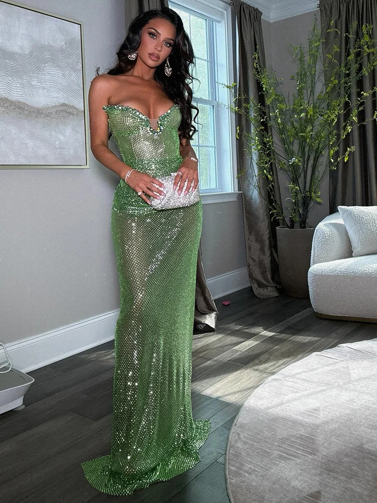 VC ชุดเดรสนางเงือกแขนกุดสีเขียวประกายประกายสำหรับชุดปาร์ตี้งานพรอม