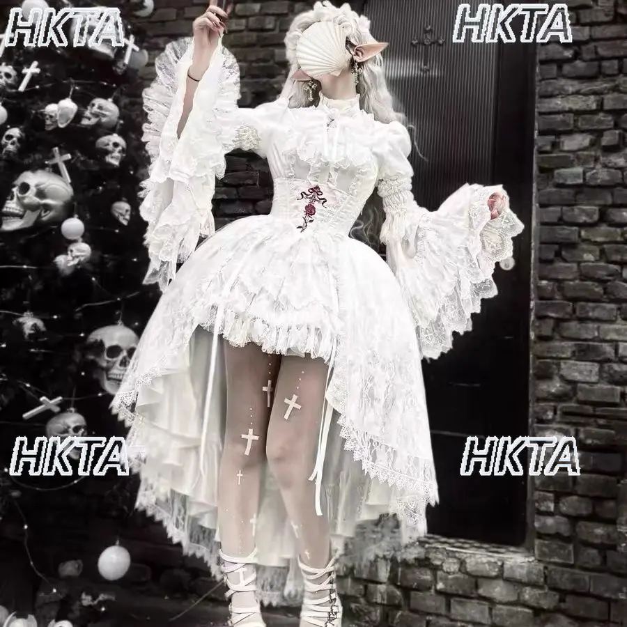 Dark Goth Pure White Fragments Lolita Irregular Ji Sleeve Shirt High Waist Waist Seal Long Skirt Set Autumn New Black Skirt Y2k