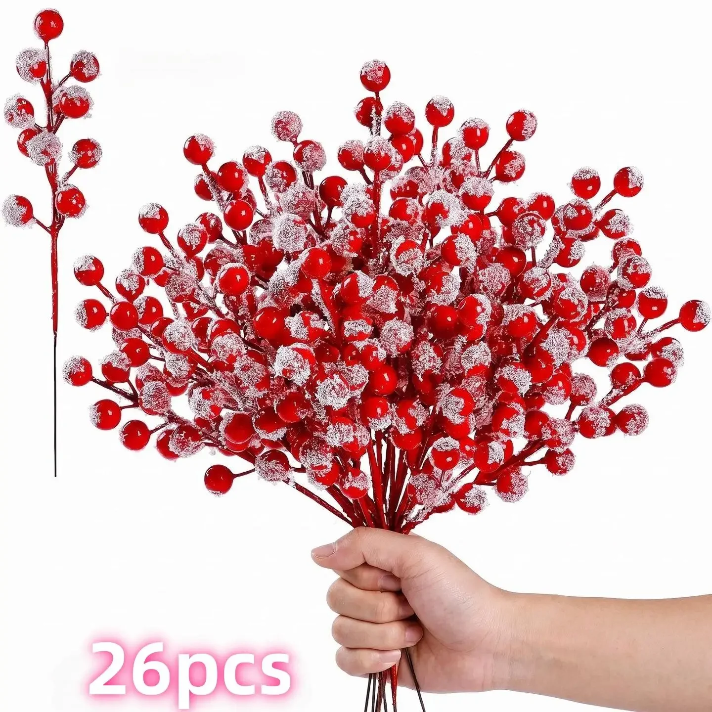 26pcs Christmas Tree Decoration Set, Christmas Snow Red Spray Berry Branches, Artificial Red Berry Stems, Living Room Decoration