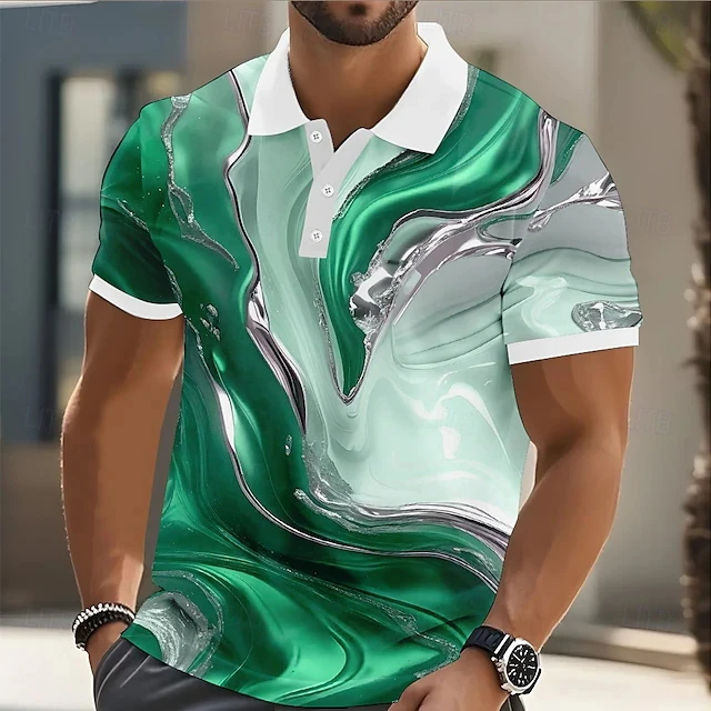 Men Short‑Sleeve Polo Shirt Abstract Liquid Marble Agate Swirl Print Contrast Color Lapel Button Fashion Street Male Casual Tops