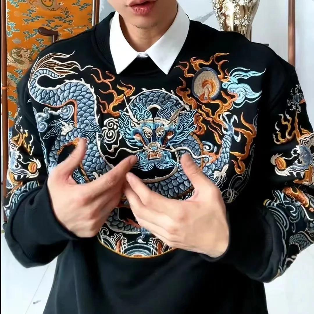 2024 New Men\'s Dragon Clothing Traditional Chinese Printing Dragon Clouds Jacket Tops Retro Fashion National Style Long Sleeve