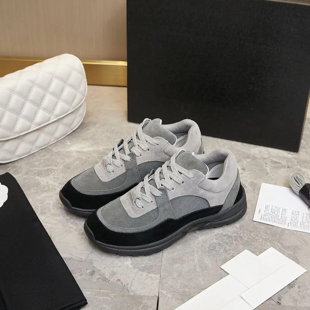 Men Women Grey Black Color Block Suede Low Top Thick Sole Casual Shoes Splicing PU Retro Couple Lace-up Anti-slip Jogging Sneakers
