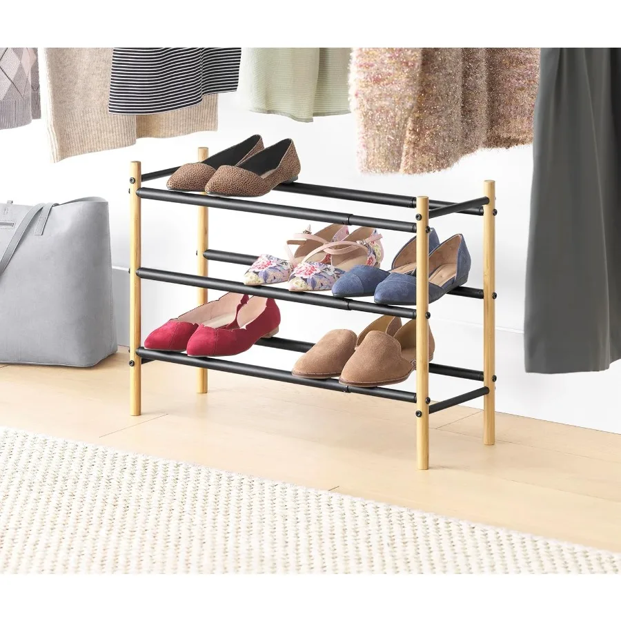 

3-уровневая расширяемая полка для обуви Магазин до 12 пар обуви Бамбуковый матовый черный