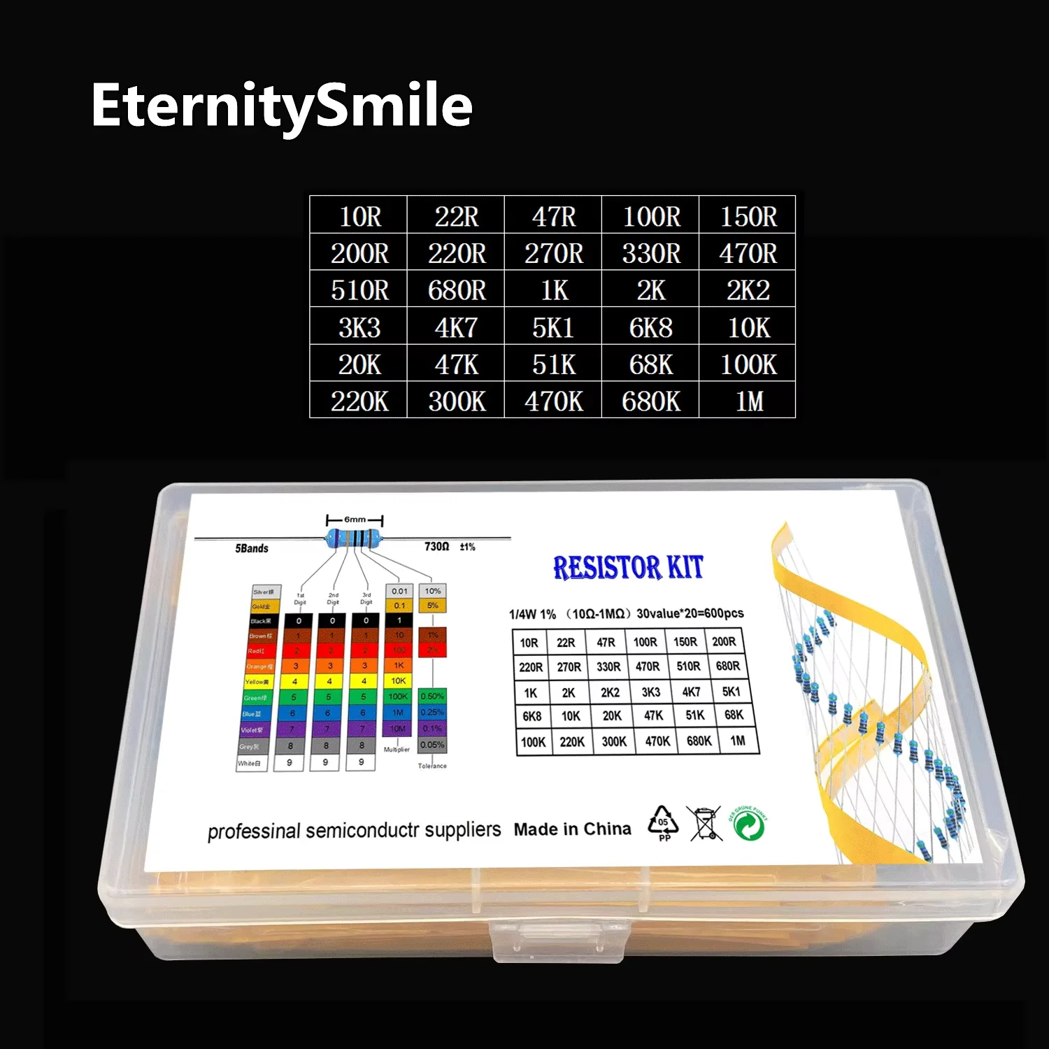 600PCS 30Values Each 20PCS 1% 1/4W Resistor Pack Set Diy Ring Metal 5 Film Resistor Kit Use Colored Ring Resistance  10R-1 M ohm