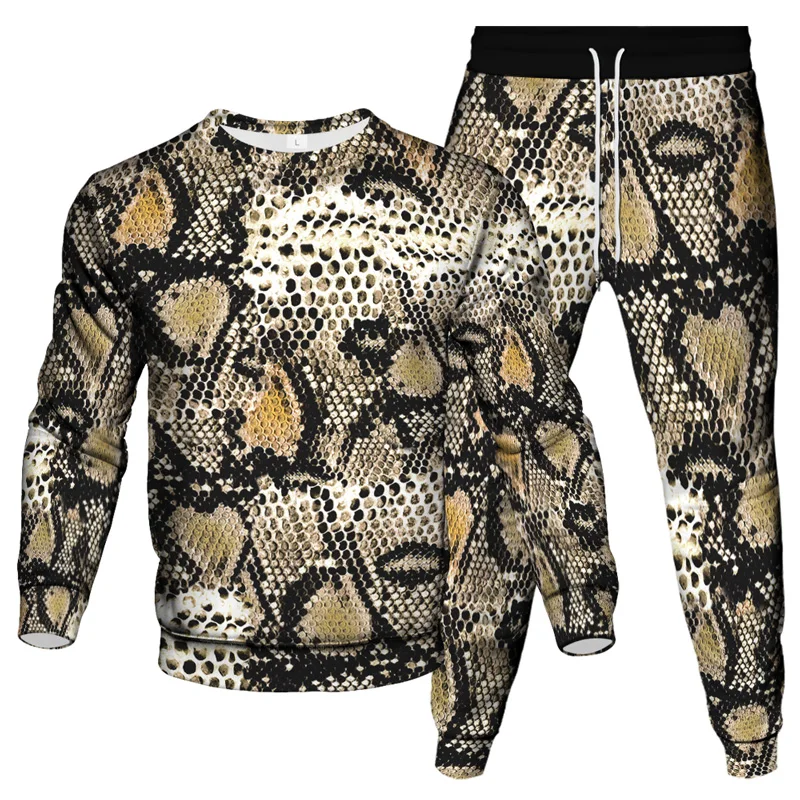 Vintage Style Men Tracksuit Animal Leopard Snake Florial Gold Chain Pattern Print Clothing Suit Man Sweatshirt Pant 2Piece Sets