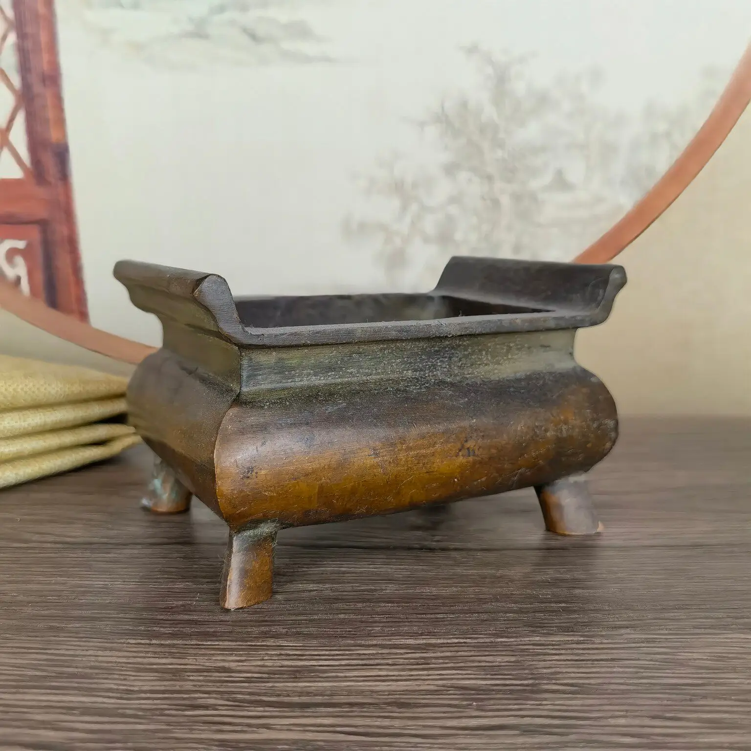 Traditional Chinese Alloy Incense Burner Rectangular Four Legged Censer for Home Temple