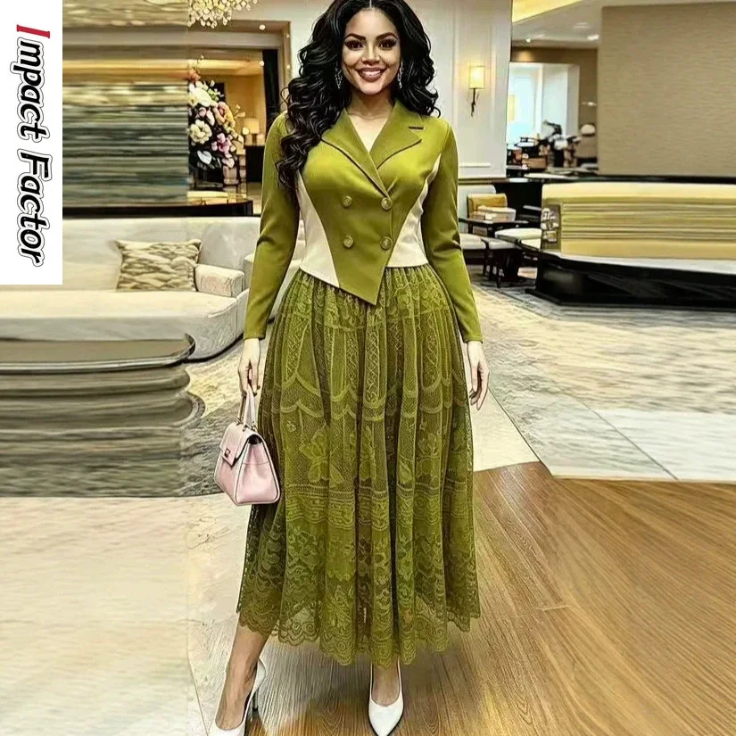 

Miyake Fashion Suit Collar Pleated Waist Lace Lace Loose Women's Dress Versatile Women's Clothing