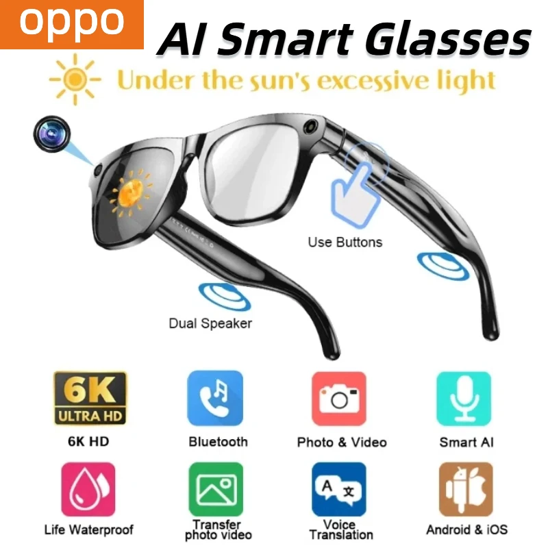 OPPO 6K AI نظارات ذكية 800 واط بكسل فوتوكروميك متعدد الوظائف بلوتوث HD دعوة صوت مساعد مشغل موسيقى ستيريو ترجمة