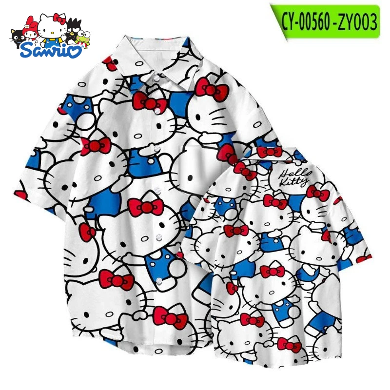 

Sanrio Hello Kitty New Same Short-sleeved Cardigan Summer Men's and Women's Shirts Loose and Versatile Cute Flower Shirts Gift