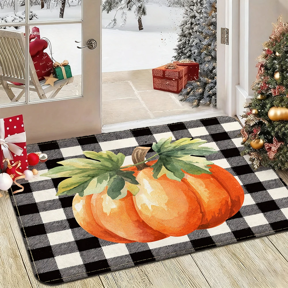 

Pumpkin on Checkered Small DoormatHome Decor Bedroom Living Room Entryway Floor Mat Kitchen Bathroom Carpet