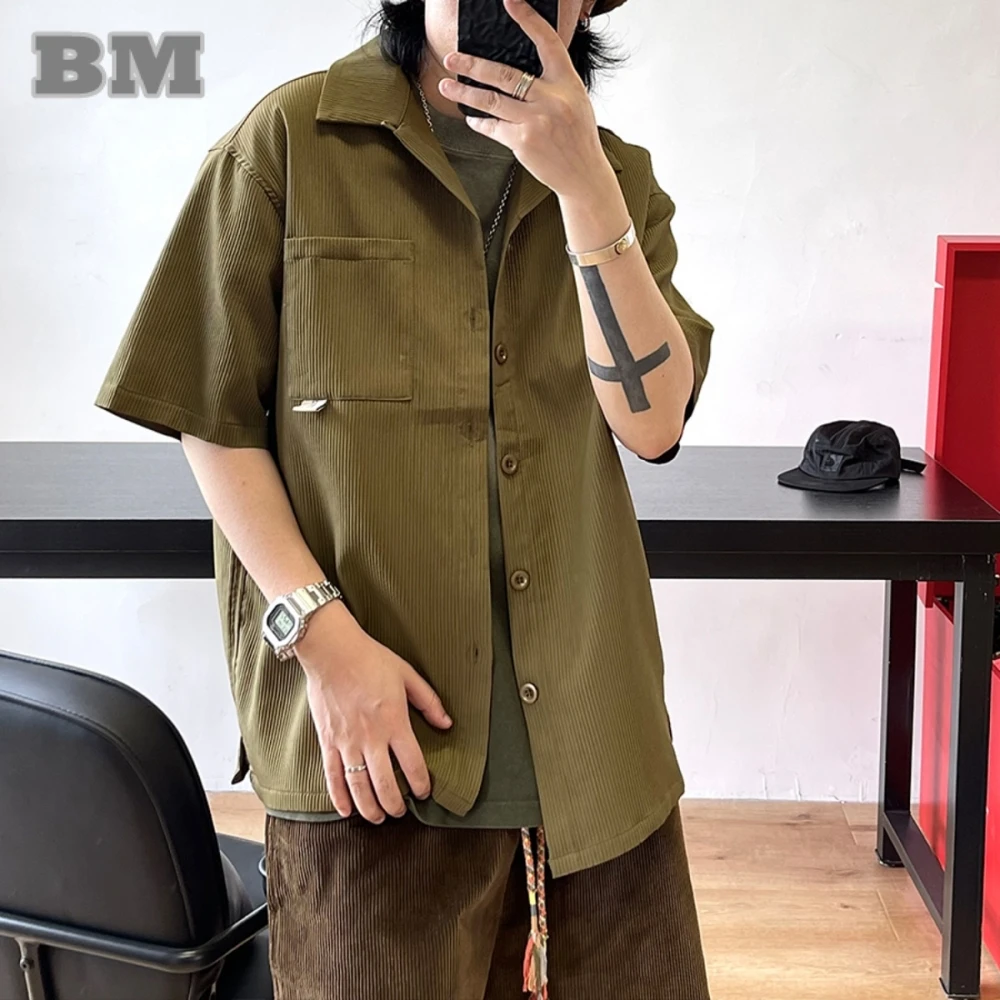 Summer Korean Fashion Corrugated Stripe Short Sleeve Shirt Men Women Clothing Streetwear Hip Hop Shirt Harajuku Casual Tops