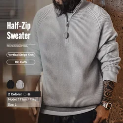 Maden Vintage Half-Zip Stand Collar Knitted Sweater Solid Color Warm Pullover for Men's Autumn and Winter Versatile Knitwear
