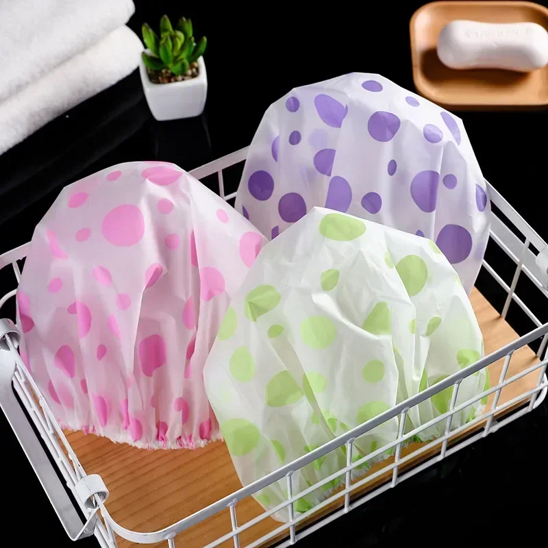 3Pcs/Set Reusable Bashroom Cap Wave Point Women Shower Caps Waterproof Wide Elastic Band Fashion Shower Hat Bathroom Accessories