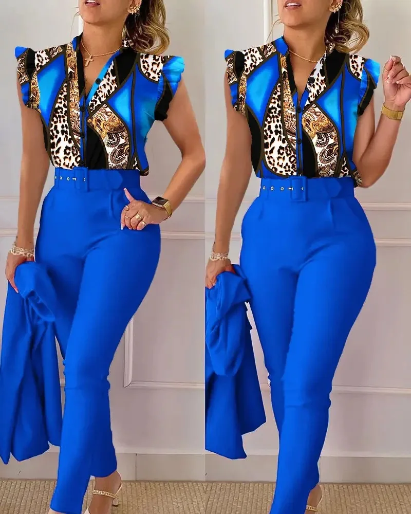 2023 Fashion 2 Piece Women\'s Flower Print Top Shirt Pants Suit Sexy Casual Belt Trousers Elegant Clothing Office Lady Outfits