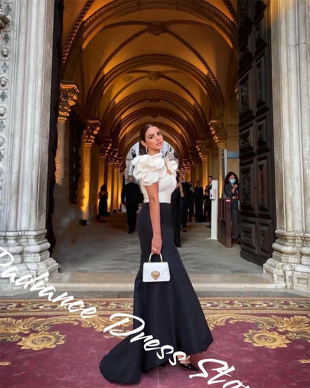 Customized Exquisite Contrast Color Satin Evening Dress Temperament Flowers Scoop Mermaid Off The Shoulder Sweep Train