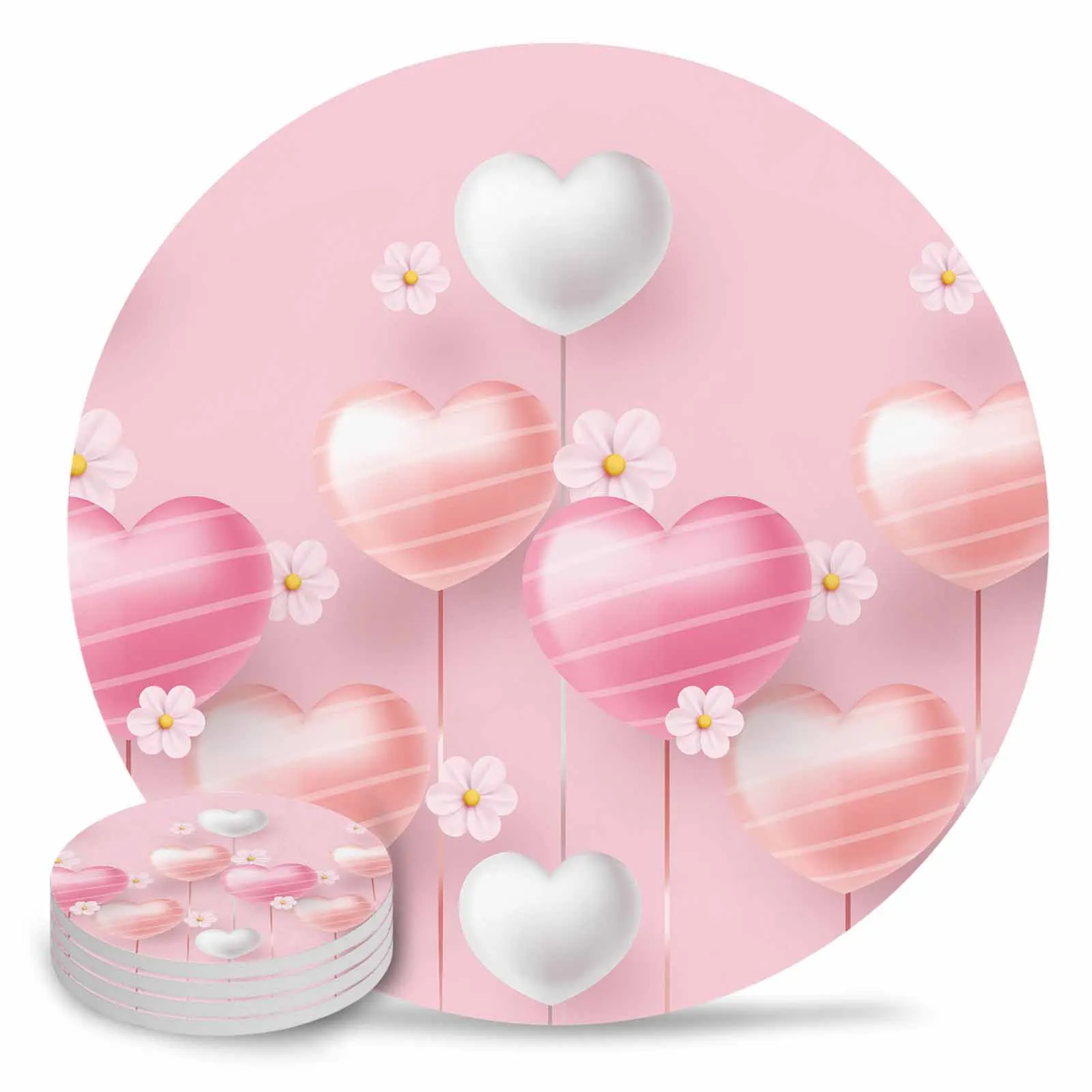 Pink Love Balloon Ceramic Coaster Set Kitchen Table Round Placemat Luxury Decor Coffee Tea Cup Coasters