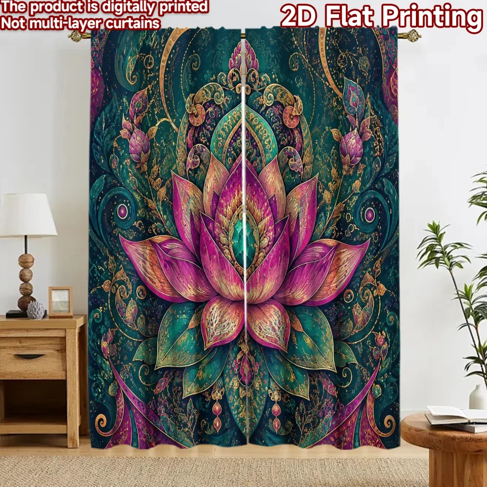 2D flat 2pcs Curtain French Romantic Style Curtains Lotus Bloom Digitally printed polyester Family Party Decoration Use for Art
